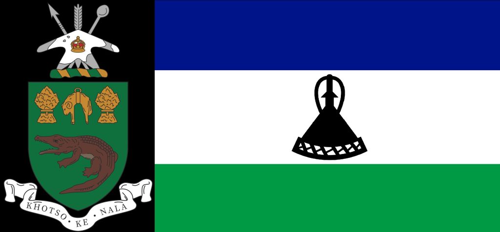 The Basutoland coat of arms (at the time of the BaSotho War of the Gun) alongside the modern Lesotho flag